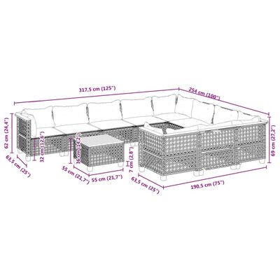 vidaXL Градински комплект диван с възглавници 11 части черен полиратан