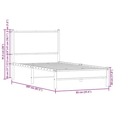 vidaXL Метална рамка за легло с горна табла, кафяв дъб, 90x200 см