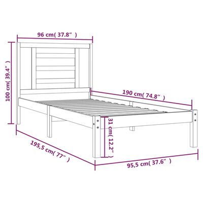 vidaXL Рамка за легло бяла бор масив 90x190 см 3FT Single