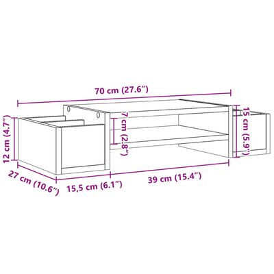 vidaXL Поставка за монитор за съхранение, опушен дъб, 70x27x15 см