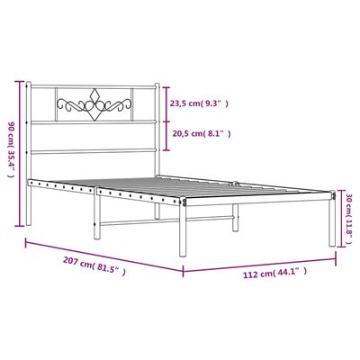 vidaXL Метална рамка за легло с горна табла, бяла, 107x203 см