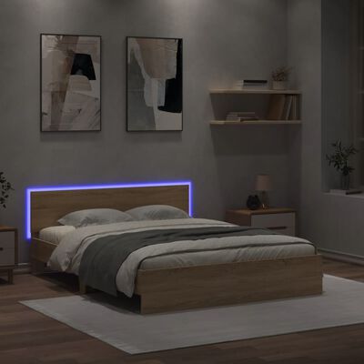 vidaXL Рамка за легло с табла и LED, дъб сонома, 150x200 см