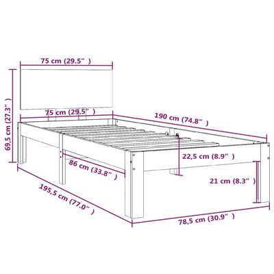 vidaXL Рамка за легло черна масивно дърво 75x190 см 2FT6 Small Single