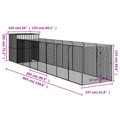 vidaXL Кучешка къща с волиера, 165x863x181 см поцинкована стомана