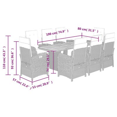 vidaXL Градински трапезен комплект възглавници 9 части черен полиратан