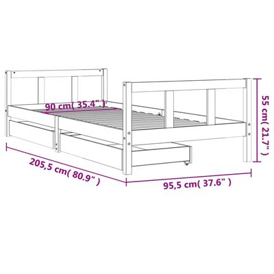 vidaXL Рамка за детско легло с чекмеджета, бяла, 90x200 см, бор масив