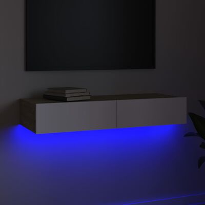 vidaXL ТВ шкаф с LED осветление, бяло и дъб сонома, 90x35x15,5 см