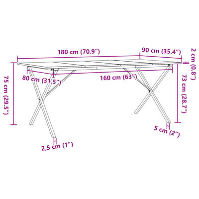 vidaXL Трапезна маса X-образна рамка 180x90x75 см бор масив и чугун