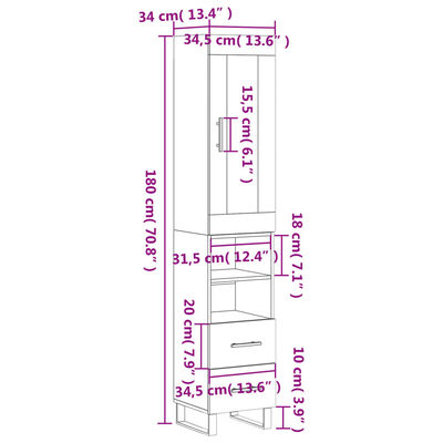 vidaXL Висок шкаф, опушен дъб, 34,5x34x180 см, инженерно дърво