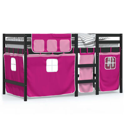 vidaXL Детско високо легло със завеси розово 80x200 см бор масив