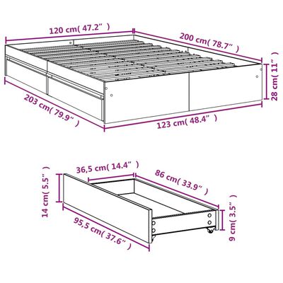 vidaXL Рамка за легло с чекмедже сив сонома 120x200 см инженерно дърво