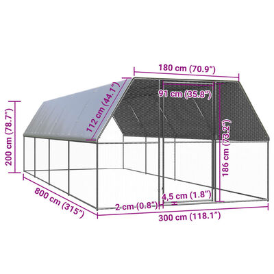 vidaXL Външна клетка за пилета, 3x8x2 м, поцинкована стомана