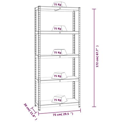 vidaXL Стелажи с 5 рафта, 3 бр, сребристи, стомана и инженерно дърво