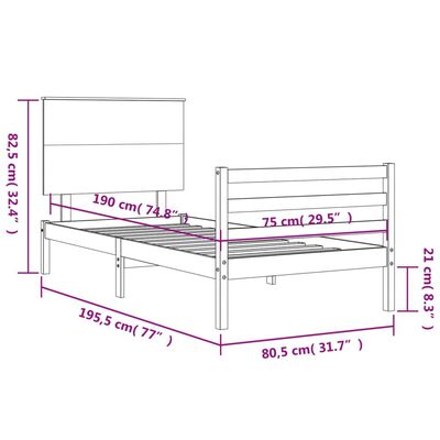 vidaXL Рамка за легло с табла бяла 2FT6 Small Single дърво масив