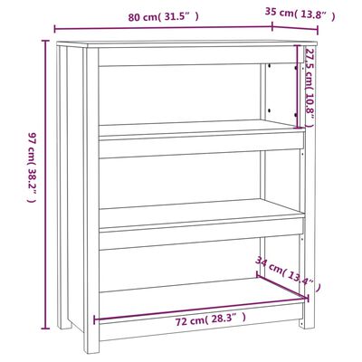 vidaXL Библиотека, 80x35x97 см, борово дърво масив