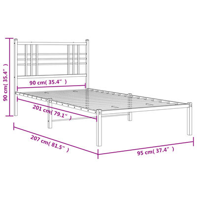 vidaXL Метална рамка за легло с горна табла, бяла, 90x200 см