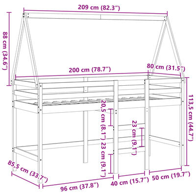 vidaXL Таванско легло със стълба и покрив, бяло, 80x200 см, бор масив