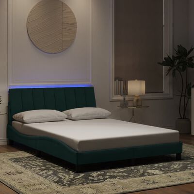 vidaXL Рамка за легло с LED осветление тъмнозелена 140x190 см кадифе