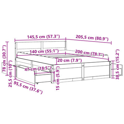 vidaXL Легло с чекмеджета и матрак восъчнокафяво 140x200 см бор масив