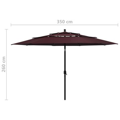 vidaXL Градински чадър на 3 нива с алуминиев прът, бордо червен, 3,5 м