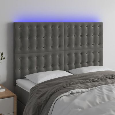 vidaXL LED горна табла за легло, тъмносива, 144x5x118/128 см, кадифе