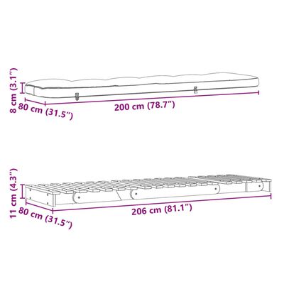 vidaXL Футон кресло с матрак, 80x206x11 см, борово дърво масив