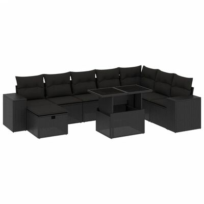 vidaXL Градински комплект диван с възглавници 9 части черен полиратан