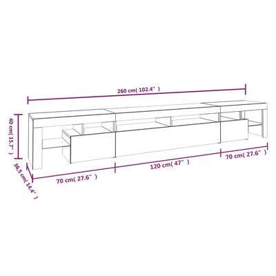 vidaXL ТВ шкаф с LED осветление, бял, 260x36,5x40 см