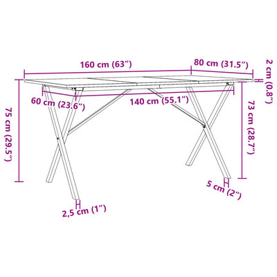 vidaXL Трапезна маса X-образна рамка 160x80x75 см бор масив и чугун