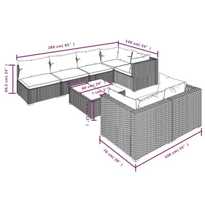 vidaXL Градински комплект с възглавници, 8 части, полиратан, сив