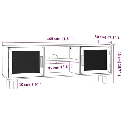 vidaXL ТВ шкаф, бял, 105x30x40 см, бор масив и естествен ратан