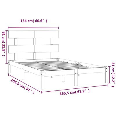 vidaXL Рамка за легло, сива, дърво масив, 150x200 cм, King Size