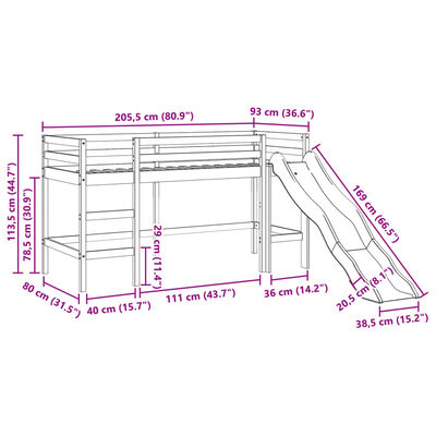 vidaXL Детско високо легло с тунел, синьо, 80x200 см, бор масив