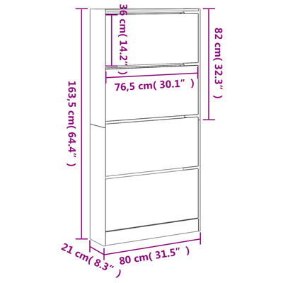 vidaXL Шкаф за обувки с 4 флип чекмеджета бял 80x21x163,5 см