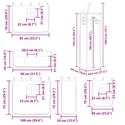 vidaXL Двуетажно легло с пързалка и завеси, синьо, 80x200 см