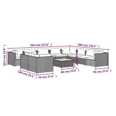 vidaXL Градински лаундж комплект възглавници 11 части кафяв полиратан