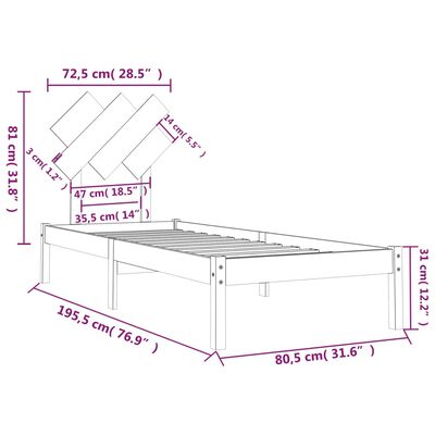 vidaXL рамка за легло черна 75x190см 2FT6 Small Single дърво масив