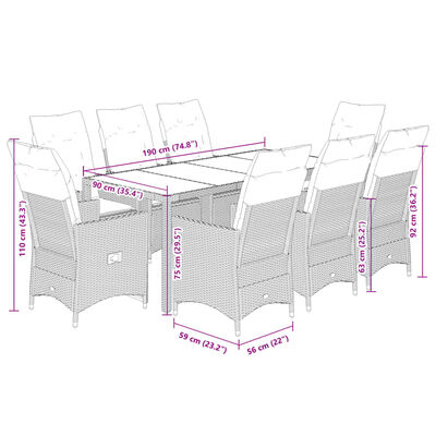 vidaXL Градински комплект с възглавници, 9 части, бежов полиратан