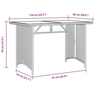 vidaXL Градинска маса със стъклен плот кафява 110x68x70 см полиратан