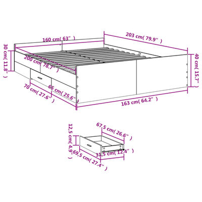 vidaXL Рамка за легло с чекмеджета, черна, 160x200 см, инженерно дърво