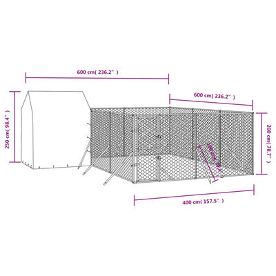 vidaXL Външна клетка за куче с покрив сребриста 6x6x2,5 м стомана