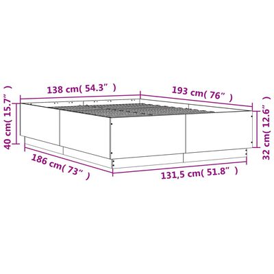 vidaXL Рамка за легло с LED осветление, сив сонома, 135x190 см