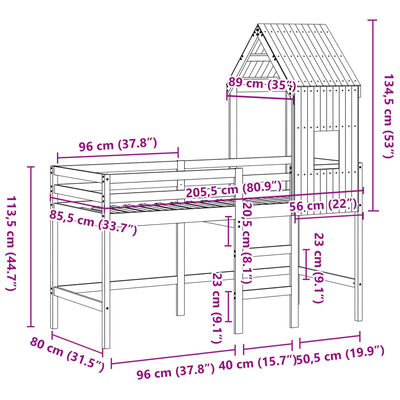 vidaXL Таванско легло със стълба и покрив, 80x200 см, бор масив