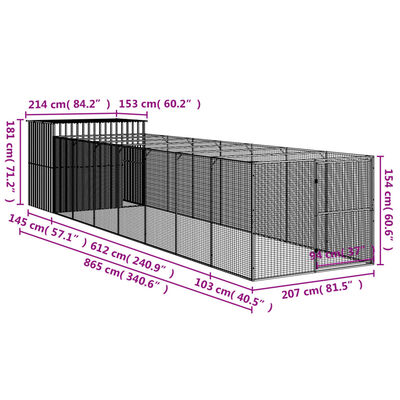 vidaXL Кучешка къща с волиера, антрацит, 214x865x181 см, стомана