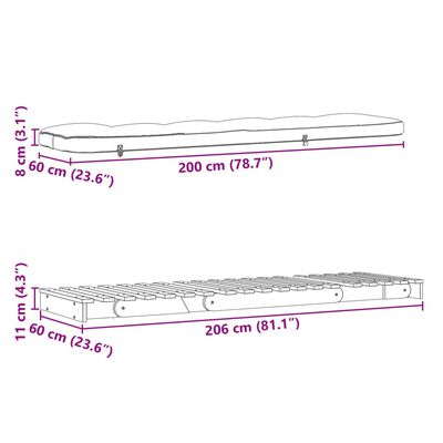 vidaXL Футон кресло с матрак, 60x206x11 см, борово дърво масив