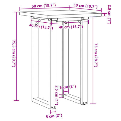 vidaXL Трапезна маса О-образна рамка 50x50x75,5 см бор масив и чугун