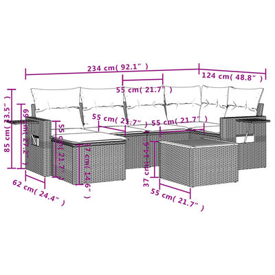 vidaXL Градински диван с възглавници, 7 части, бежов полиратан