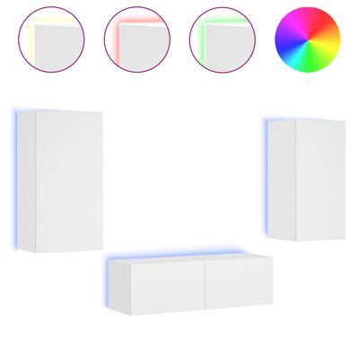 vidaXL ТВ стенни шкафове, 3 части, с LED светлини, бели