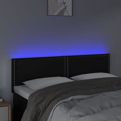 vidaXL LED горна табла за легло, черна, 144x5x78/88см, изкуствена кожа