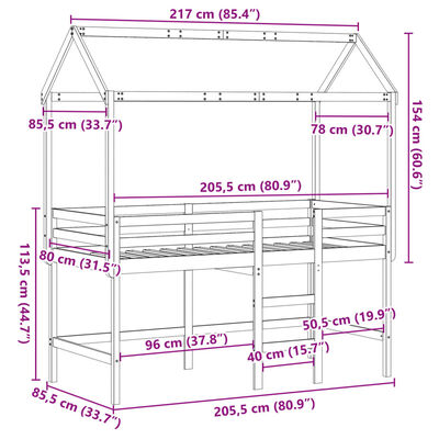 vidaXL Таванско легло със стълба и покрив, бяло, 80x200 см, бор масив